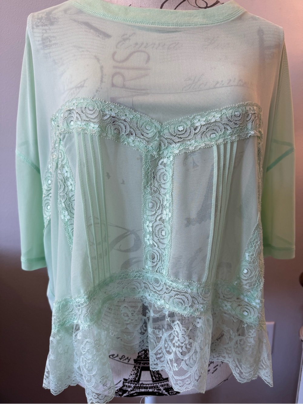 New Without Tags Anthropology Sheer Lace-Trim Mint Green Women’s Top - Picture 7 of 9